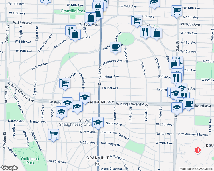 map of restaurants, bars, coffee shops, grocery stores, and more near 1453 Laurier Avenue in Vancouver