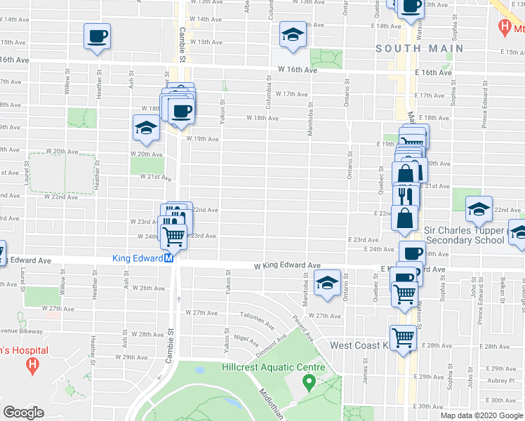 map of restaurants, bars, coffee shops, grocery stores, and more near 217 West 22nd Avenue in Vancouver