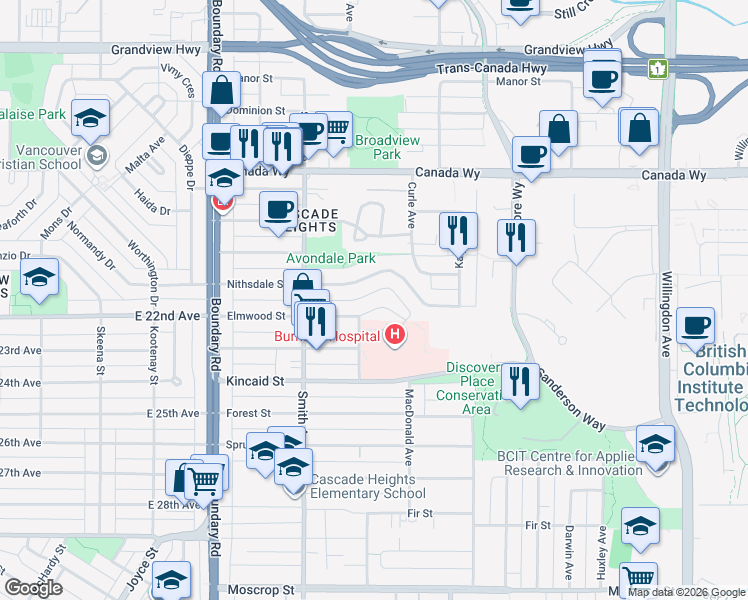 map of restaurants, bars, coffee shops, grocery stores, and more near 3939 Elmwood Street in Burnaby