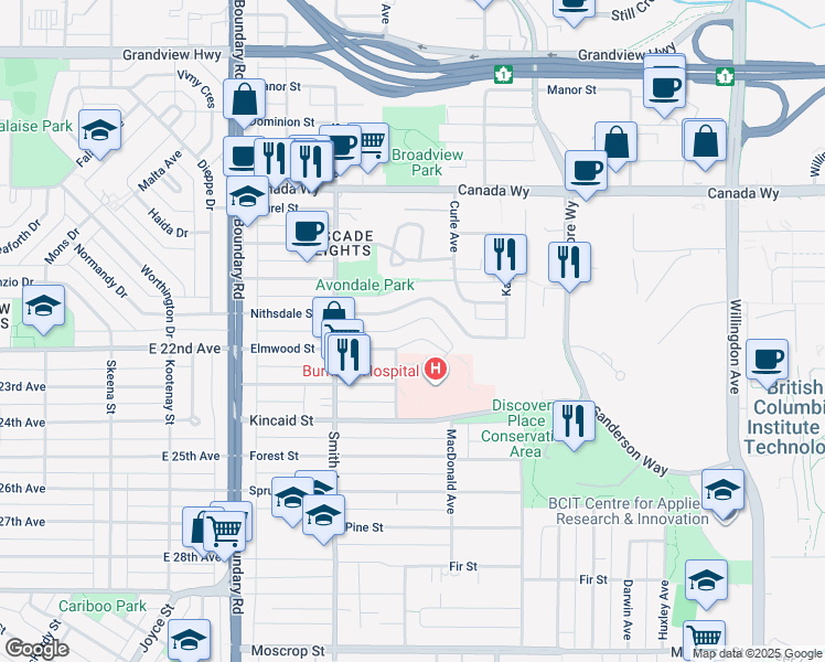 map of restaurants, bars, coffee shops, grocery stores, and more near 3937 Elmwood Street in Burnaby