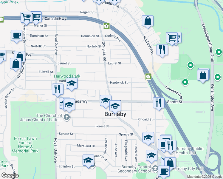 map of restaurants, bars, coffee shops, grocery stores, and more near in Burnaby