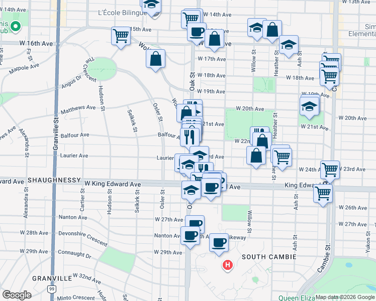 map of restaurants, bars, coffee shops, grocery stores, and more near 1009 Laurier Avenue in Vancouver