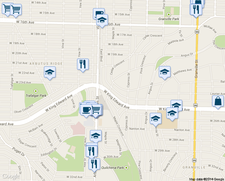 map of restaurants, bars, coffee shops, grocery stores, and more near in Vancouver