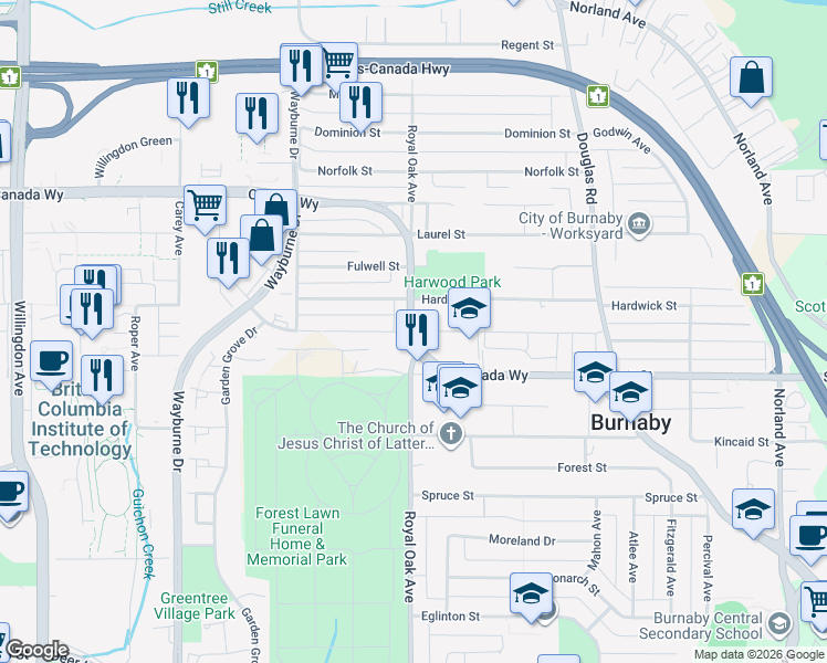 map of restaurants, bars, coffee shops, grocery stores, and more near 4739 Canada Way in Burnaby