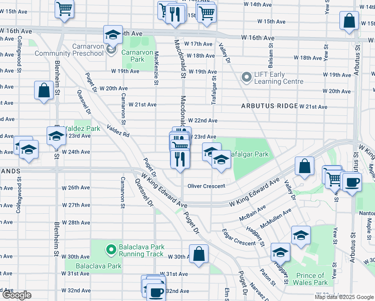 map of restaurants, bars, coffee shops, grocery stores, and more near 2789 West 24th Avenue in Vancouver