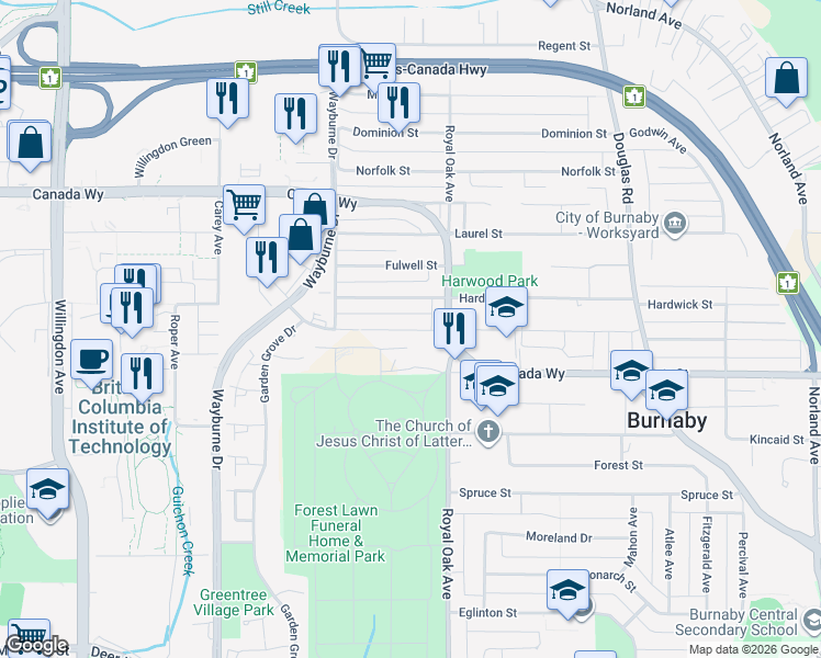 map of restaurants, bars, coffee shops, grocery stores, and more near 5085 Woodsworth Street in Burnaby