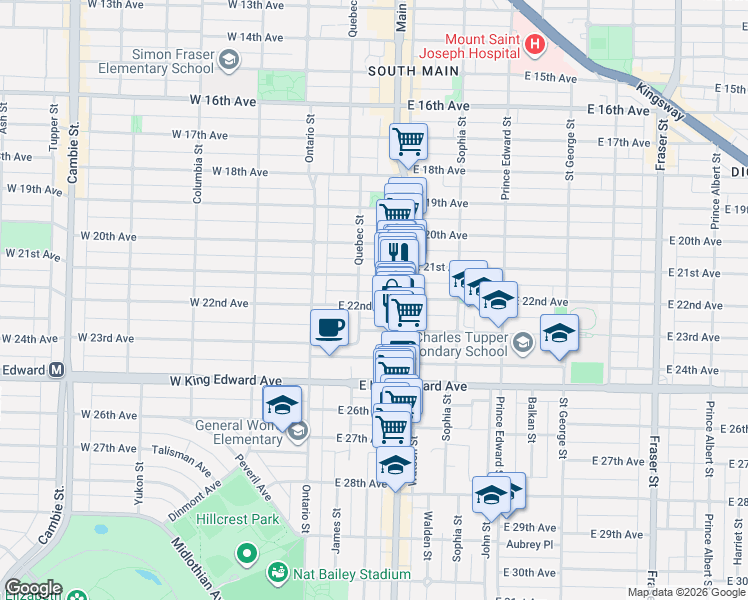 map of restaurants, bars, coffee shops, grocery stores, and more near 141 East 22nd Avenue in Vancouver
