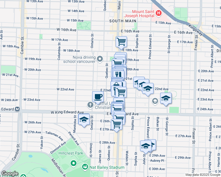 map of restaurants, bars, coffee shops, grocery stores, and more near 125 East 22nd Avenue in Vancouver