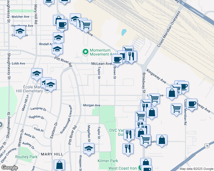 map of restaurants, bars, coffee shops, grocery stores, and more near Warwick Avenue in Port Coquitlam