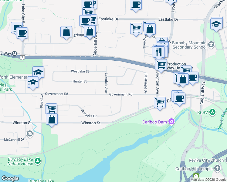 map of restaurants, bars, coffee shops, grocery stores, and more near in Burnaby
