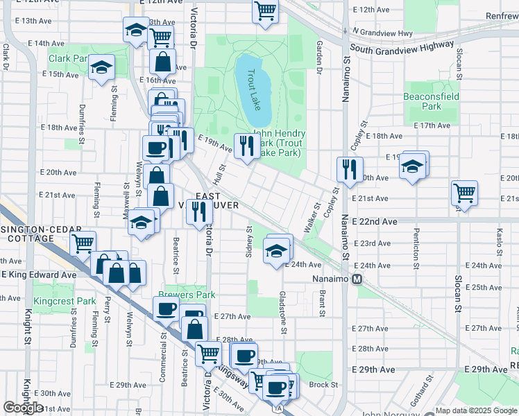 map of restaurants, bars, coffee shops, grocery stores, and more near 3599 Lakewood Street in Vancouver