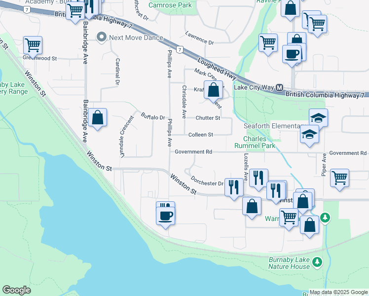 map of restaurants, bars, coffee shops, grocery stores, and more near 7433 Government Road in Burnaby