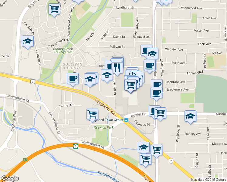 map of restaurants, bars, coffee shops, grocery stores, and more near 43 Panorama Drive in Port Moody