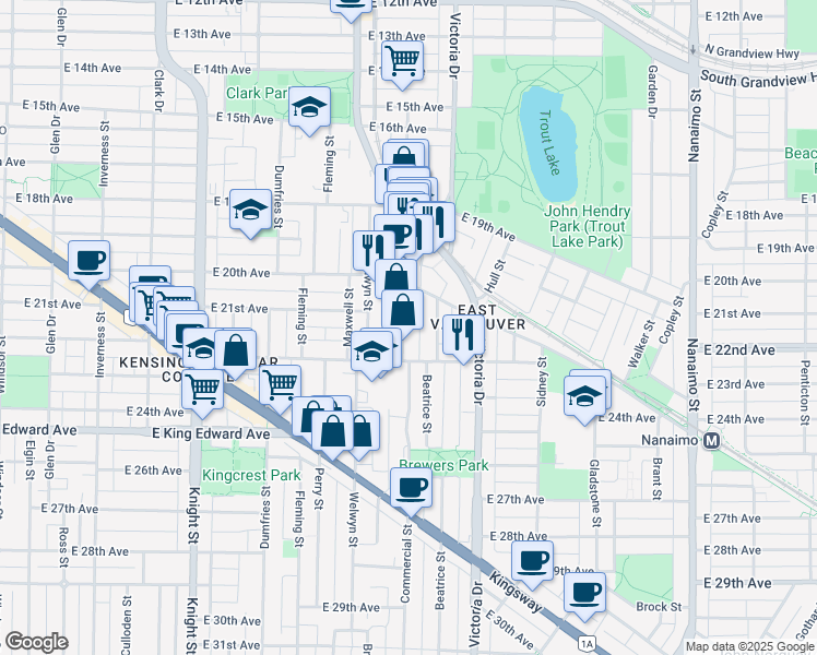 map of restaurants, bars, coffee shops, grocery stores, and more near 3776 Commercial Street in Vancouver