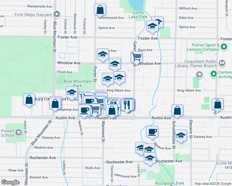 map of restaurants, bars, coffee shops, grocery stores, and more near 1122 King Albert Avenue in Coquitlam