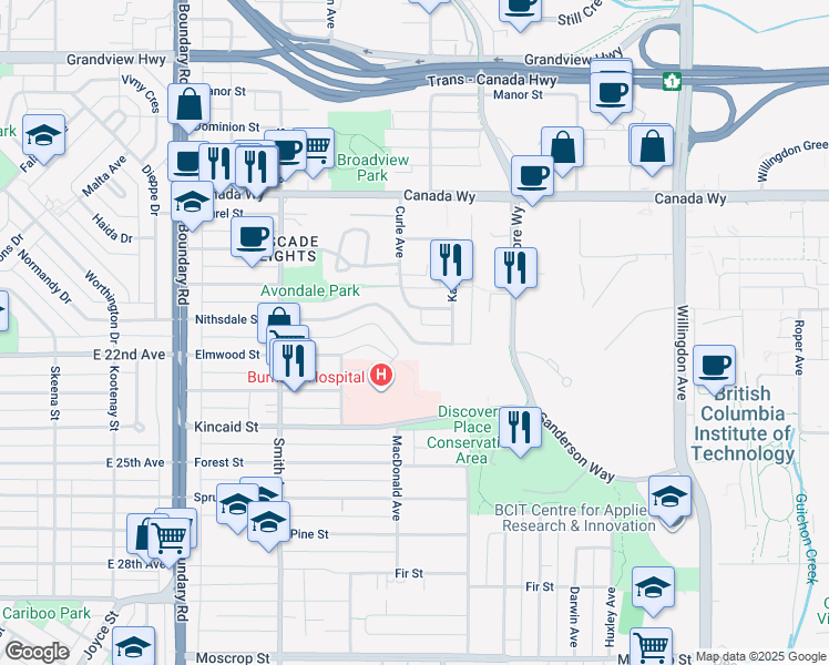 map of restaurants, bars, coffee shops, grocery stores, and more near 4037 Nithsdale Street in Burnaby
