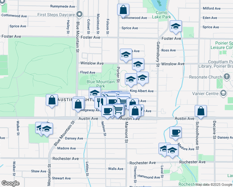 map of restaurants, bars, coffee shops, grocery stores, and more near in Coquitlam
