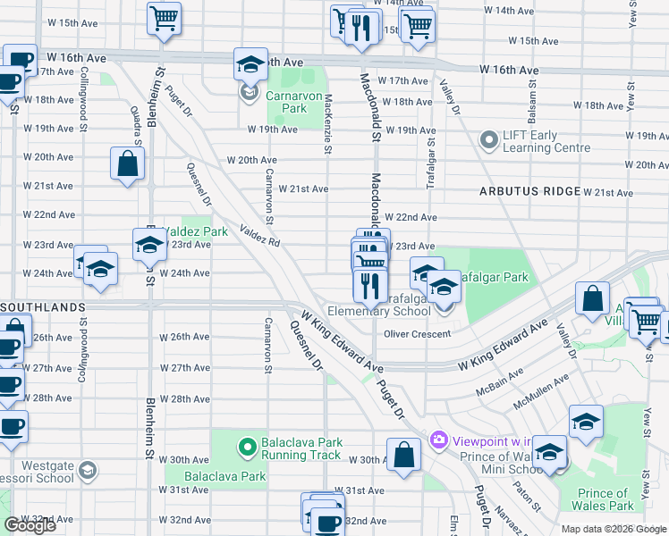 map of restaurants, bars, coffee shops, grocery stores, and more near in Vancouver