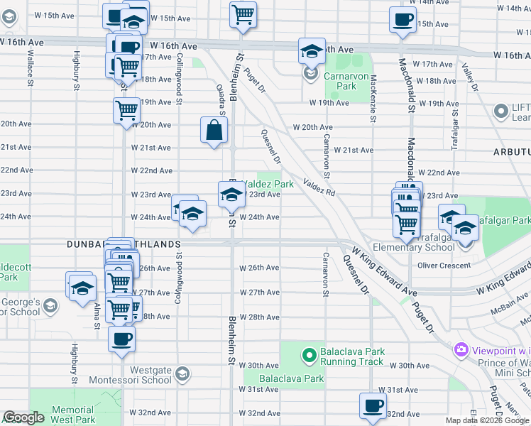map of restaurants, bars, coffee shops, grocery stores, and more near in Vancouver