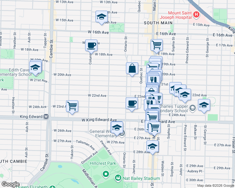 map of restaurants, bars, coffee shops, grocery stores, and more near 45 West 22nd Avenue in Vancouver