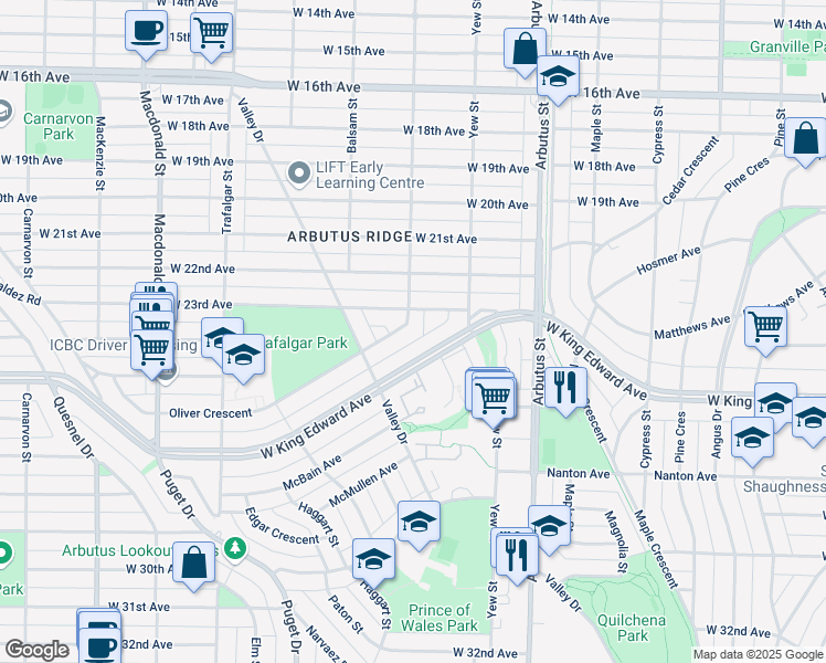 map of restaurants, bars, coffee shops, grocery stores, and more near 2318 Oliver Crescent in Vancouver