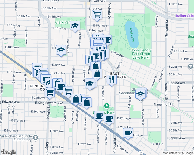 map of restaurants, bars, coffee shops, grocery stores, and more near 3786 Commercial Street in Vancouver