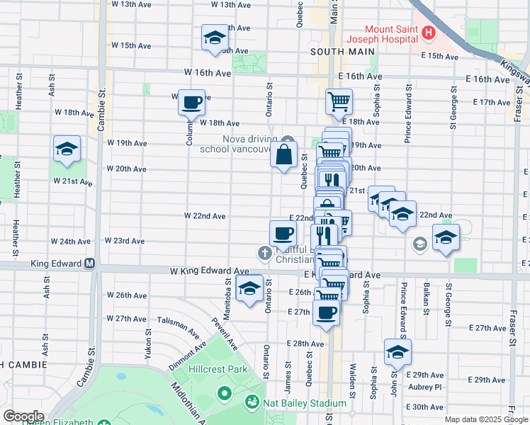 map of restaurants, bars, coffee shops, grocery stores, and more near 7 West 22nd Avenue in Vancouver