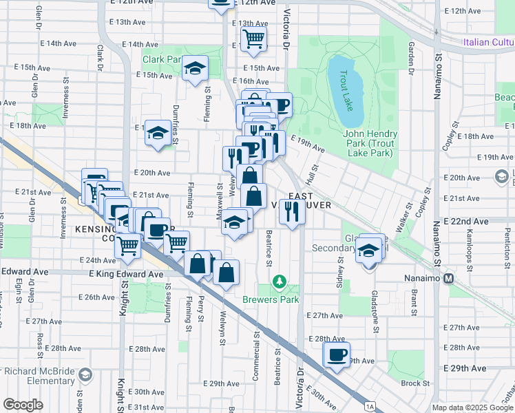 map of restaurants, bars, coffee shops, grocery stores, and more near 3776 Commercial Street in Vancouver