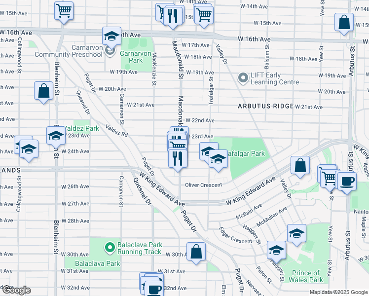 map of restaurants, bars, coffee shops, grocery stores, and more near 2789 West 24th Avenue in Vancouver