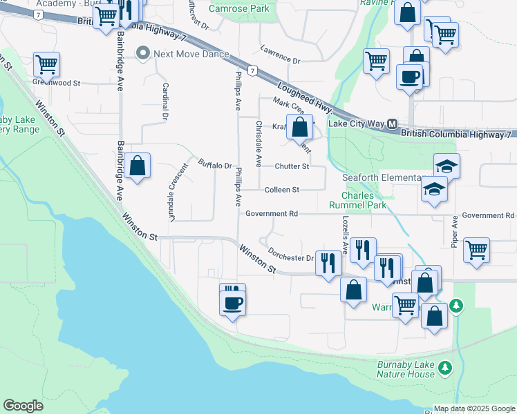 map of restaurants, bars, coffee shops, grocery stores, and more near 7433 Government Road in Burnaby