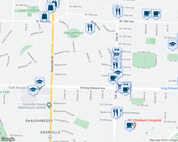 map of restaurants, bars, coffee shops, grocery stores, and more near 3839 Selkirk Street in Vancouver