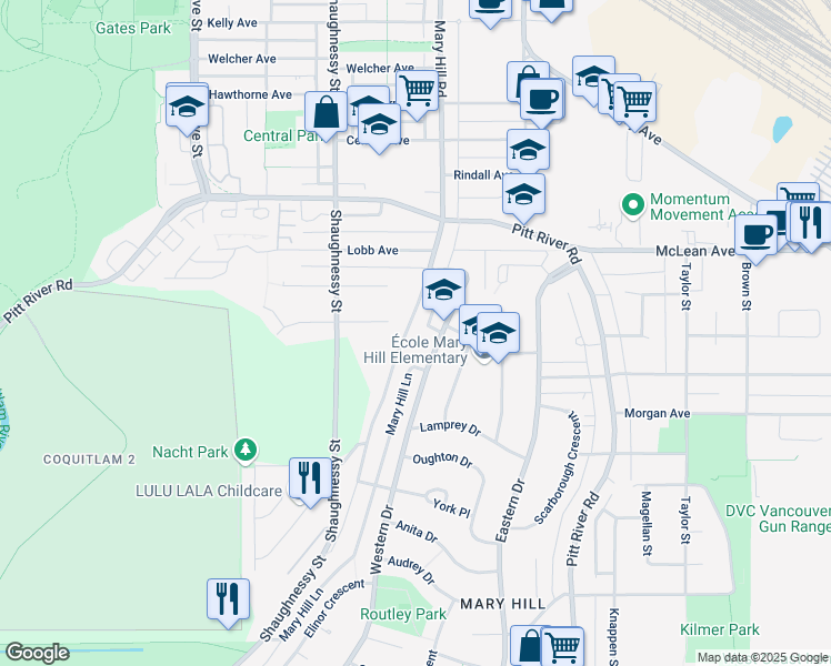 map of restaurants, bars, coffee shops, grocery stores, and more near 1898 Mary Hill Road in Port Coquitlam