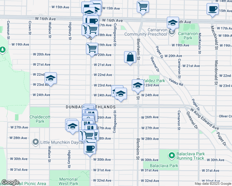 map of restaurants, bars, coffee shops, grocery stores, and more near 3495 West 24th Avenue in Vancouver