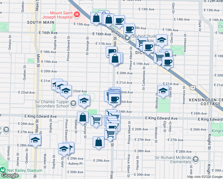 map of restaurants, bars, coffee shops, grocery stores, and more near 3757 Fraser Street in Vancouver