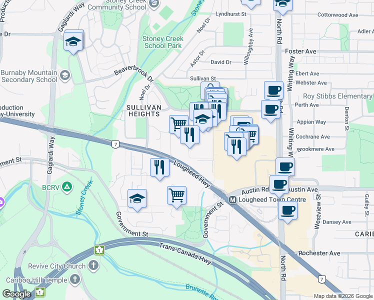 map of restaurants, bars, coffee shops, grocery stores, and more near 402-9502 Erickson Drive in Burnaby
