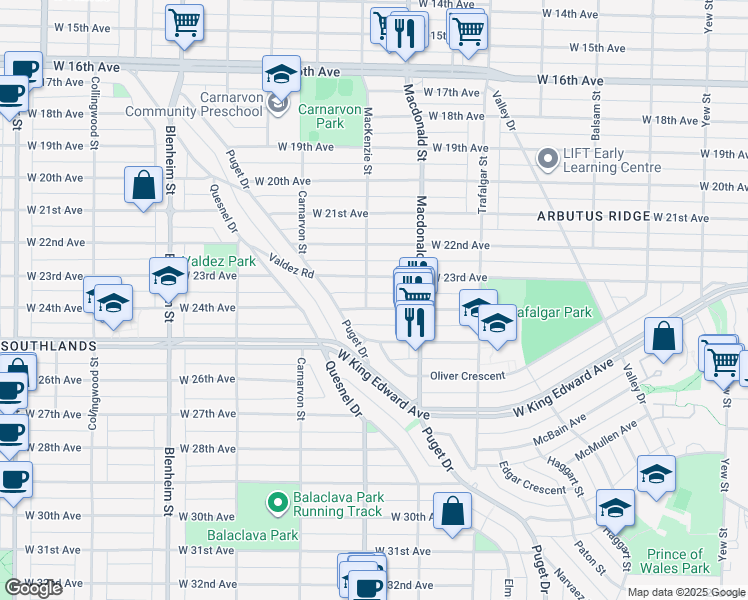 map of restaurants, bars, coffee shops, grocery stores, and more near 2887 West 24th Avenue in Vancouver