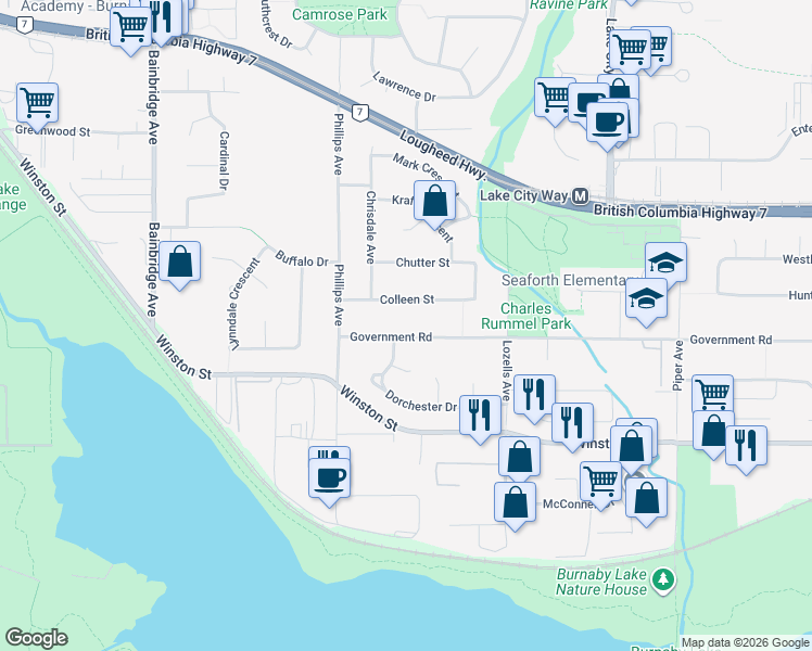 map of restaurants, bars, coffee shops, grocery stores, and more near 7487 Government Road in Burnaby