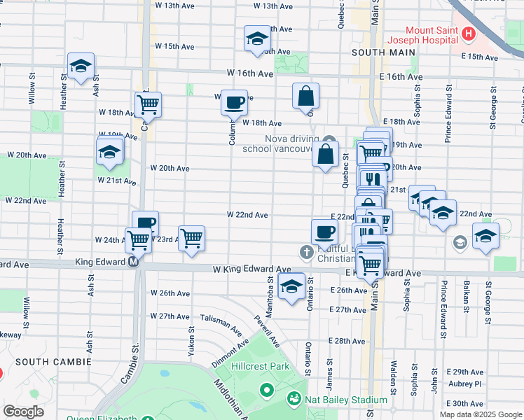 map of restaurants, bars, coffee shops, grocery stores, and more near 119 West 22nd Avenue in Vancouver