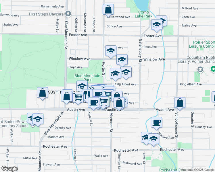 map of restaurants, bars, coffee shops, grocery stores, and more near 1060 King Albert Avenue in Coquitlam
