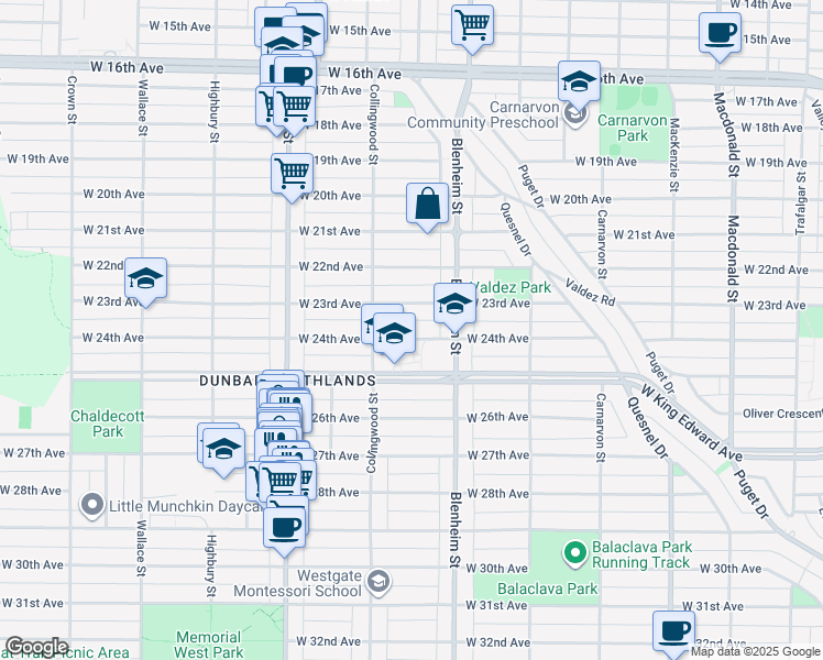map of restaurants, bars, coffee shops, grocery stores, and more near 3405 West 24th Avenue in Vancouver