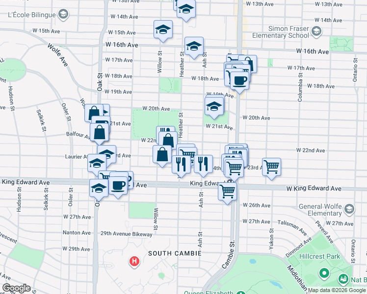 map of restaurants, bars, coffee shops, grocery stores, and more near 3832 Heather Street in Vancouver