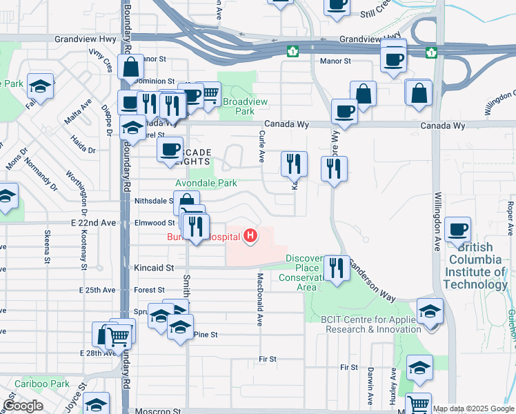 map of restaurants, bars, coffee shops, grocery stores, and more near 4018 Nithsdale Street in Burnaby