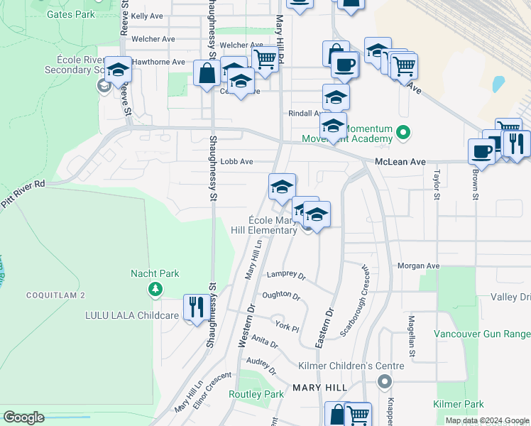 map of restaurants, bars, coffee shops, grocery stores, and more near 1898 Mary Hill Road in Port Coquitlam