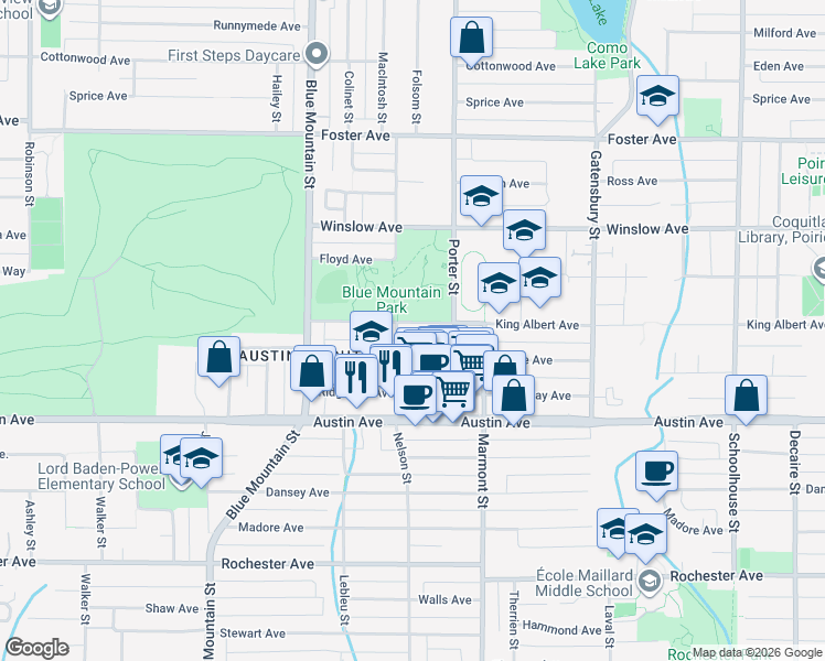 map of restaurants, bars, coffee shops, grocery stores, and more near 1040 King Albert Avenue in Coquitlam
