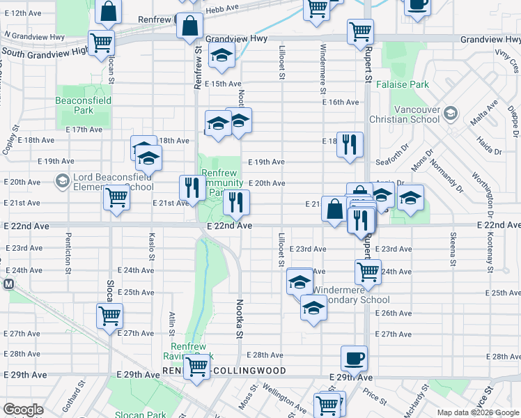 map of restaurants, bars, coffee shops, grocery stores, and more near 3050 East 21st Avenue in Vancouver