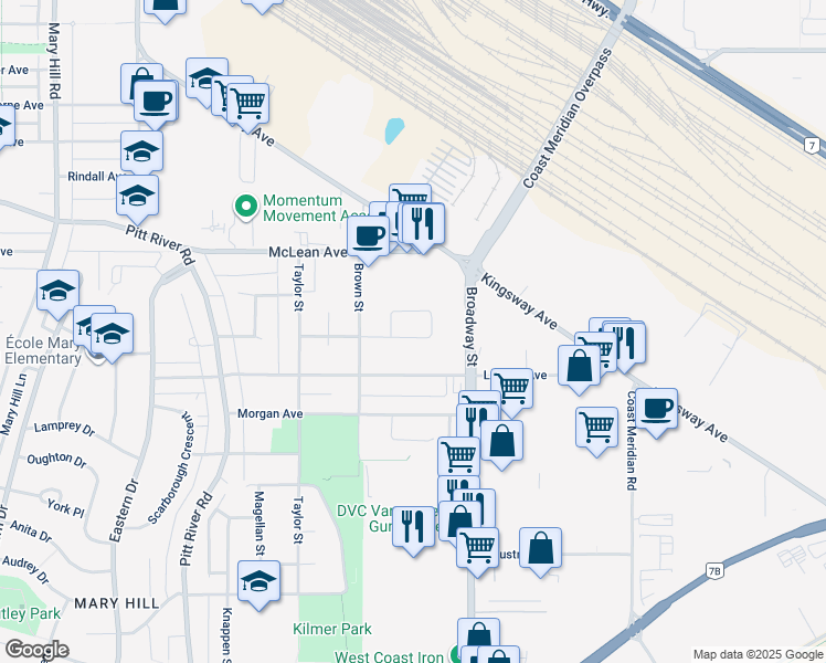map of restaurants, bars, coffee shops, grocery stores, and more near 1723 Warwick Avenue in Port Coquitlam