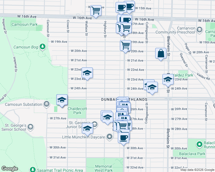map of restaurants, bars, coffee shops, grocery stores, and more near 3781 West 24th Avenue in Vancouver
