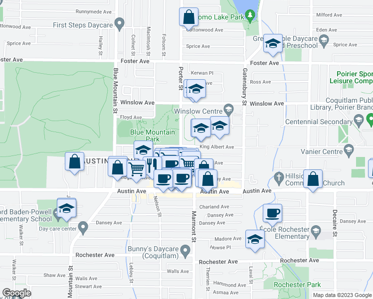 map of restaurants, bars, coffee shops, grocery stores, and more near 1060 King Albert Avenue in Coquitlam