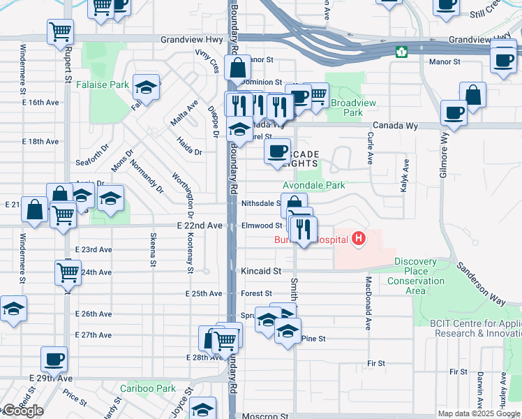 map of restaurants, bars, coffee shops, grocery stores, and more near 3742 Nithsdale Street in Burnaby