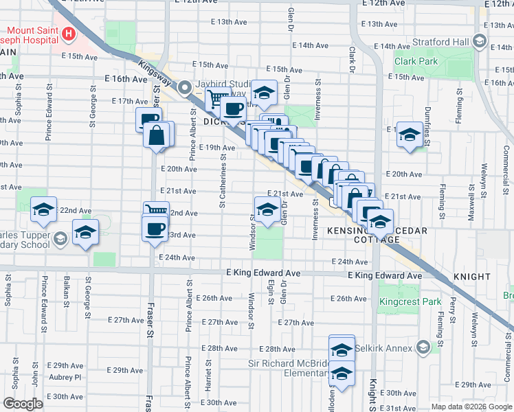 map of restaurants, bars, coffee shops, grocery stores, and more near in Vancouver